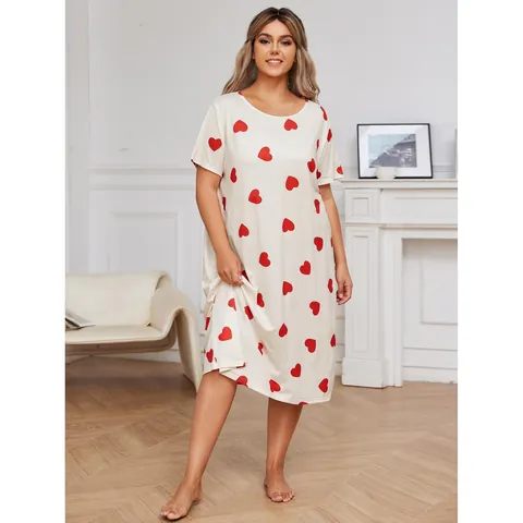 Women Plus Size Summer Nightgown Polyester Short Sleeve Heart Print Round Neck Loose Comfortable Sleepwear Home Dress Top