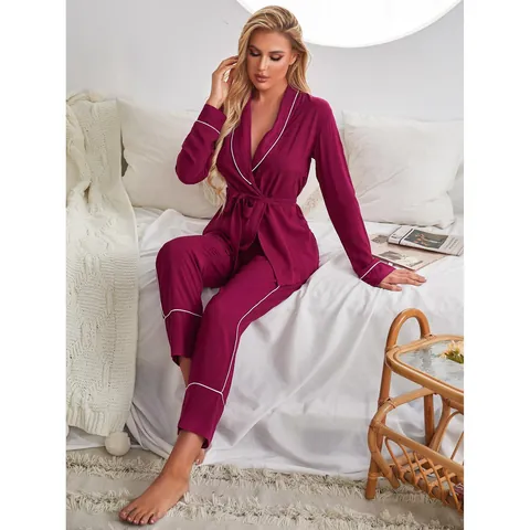 Women's Long Sleeve Pajama Set Viscose V-Neck Belted Robe Top And Matching Pants Contrast Piping Loungewear Two-Piece Set