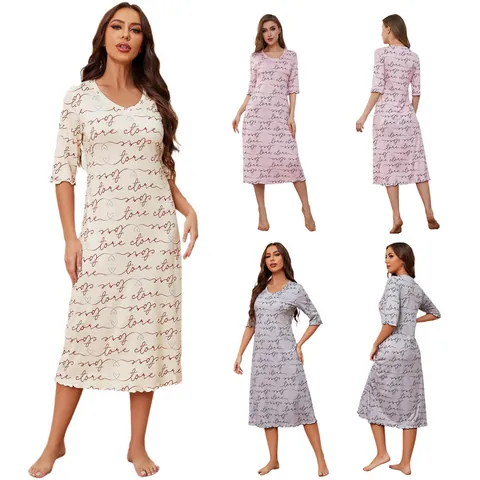 Women Casual Short Sleeve Nightgown Letter Heart Print Sleepwear V-Neck Loungewear Summer Nightdress Pink Grey Yellow
