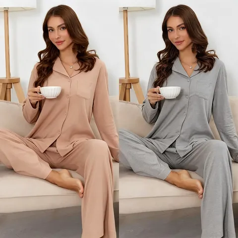 Women Modal Pajamas Long Sleeve Top And Bottom Solid Color Button Down Loungewear Soft Breathable Sleepwear For Autumn Winter