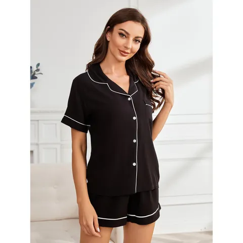 Women Contrast Piping Pajama Set Short Sleeve Button Down Viscose Shirt And Drawstring Shorts Loungewear Two Piece Sleepwear Set