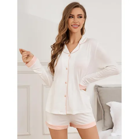 Women's Modal Cotton Pajama Set Contrast Piping Long Sleeve Shirt and Shorts Loungewear Top And Bottom Sleepwear Home Wear