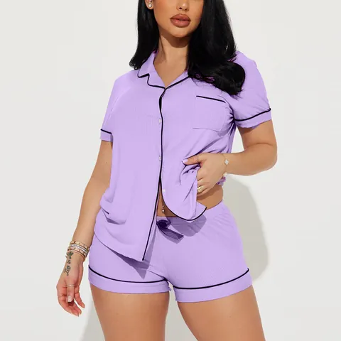 Women's Casual Ribbed Pajama Set Short Sleeve Lapel Button Down Top And Bottom Loungewear Summer Sleepwear With Contrast Piping