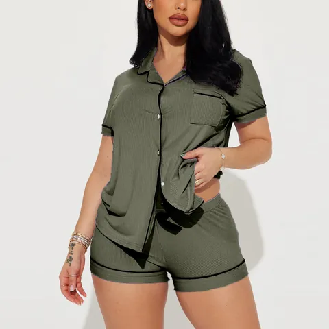 Women's Casual Ribbed Pajama Set Short Sleeve Lapel Button Down Top And Bottom Loungewear Summer Sleepwear With Contrast Piping