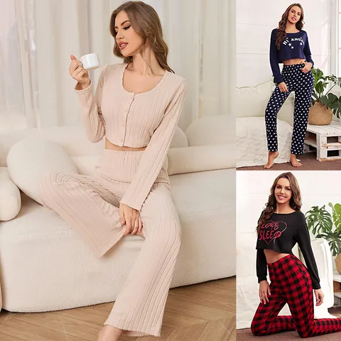 Women Casual Lounge Set Ribbed Long Sleeve Button Top And Bottom Star Print Buffalo Plaid Pajamas Set Comfortable Sleepwear