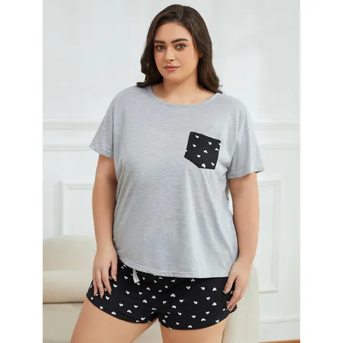 Women's Plus Size Pajama Set Heart Print Short Sleeve Top And Bottom Grey Black Summer Loungewear Breathable Sleepwear