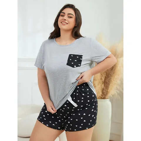 Women's Plus Size Pajama Set Heart Print Short Sleeve Top And Bottom Grey Black Summer Loungewear Breathable Sleepwear