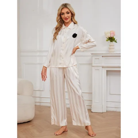 Women's Striped Satin Pajama Set Long Sleeve Button Down Top And Bottom Sleepwear Home Service With Flower Decor