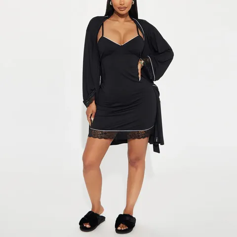 Women Sexy Lace Trim Sleepwear Set Plus Size Contrast Piping Nightgown And Belted Robe Loungewear Top And Bottom Black