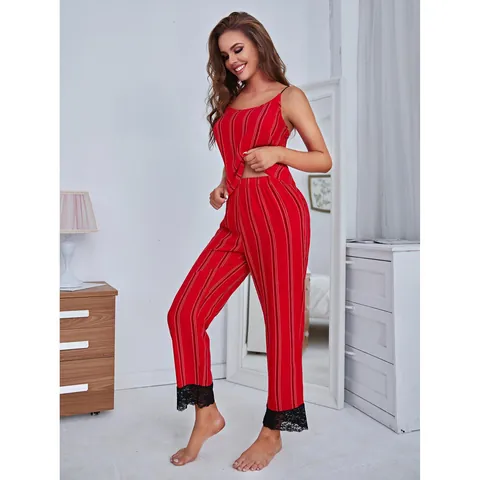 Women Sexy Red Striped Viscose Pajama Set Lace Trim Spaghetti Strap Cami Top And Long Trousers Spring Summer Sleepwear Home Service Suit