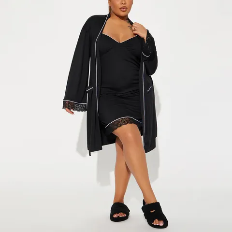Women Sexy Lace Trim Sleepwear Set Plus Size Contrast Piping Nightgown And Belted Robe Loungewear Top And Bottom Black