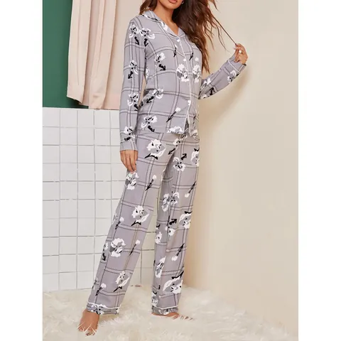 Women's Long Sleeve Button Down Pajama Set Viscose Floral Plaid Print Loungewear Top And Bottom Autumn Winter Sleepwear