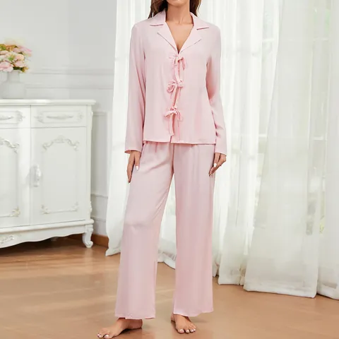 Dames Viskose Pyjamaset Lange Mouw Revers Top en Broek Strik Vooraan Casual Effen Kleur Home Service Slaapkleding