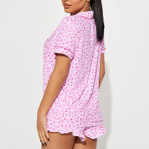 Women's Heart Print Pajama Set Lapel Short Sleeve Top And Bottom Sleepwear Lounge Wear Pink Soft Breathable Home Wear