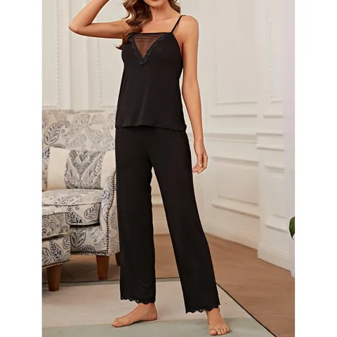 Women's Sexy Viscose Pajama Set With Mesh Lace Trim V Neck Sleeveless Top And Bottom Loungewear Nightwear For Summer