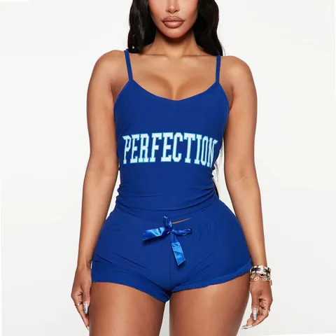 Ensemble Pyjama Sexy pour Femmes Été à Fines Bretelles Top And Bottom Bleu Foncé Imprimé Lettres Homewear avec Short à Nœud