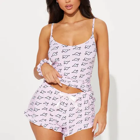Women Sexy Pink Heart Print Pajama Set Ruffle Camisole Top And Shorts Loungewear Summer Sweet Sleepwear Polyester Home Wear