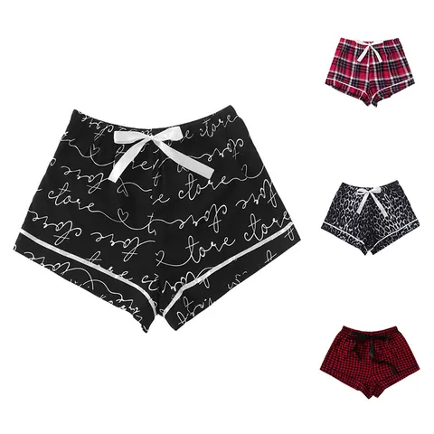 Women Viscose Pajama Shorts Thin Breathable Summer Loungewear Bottom Printed Plaid Leopard Sleepwear Shorts With Bow Decor