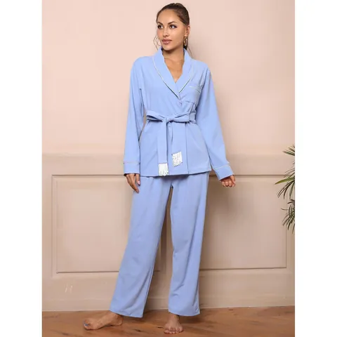 Women Ribbed Pajama Set V-Neck Tie Waist Loungewear Top And Bottom Long Sleeve Piping Trim Tassel Detail Autumn Winter Sleepwear
