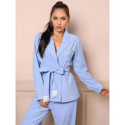 Women Ribbed Pajama Set V-Neck Tie Waist Loungewear Top And Bottom Long Sleeve Piping Trim Tassel Detail Autumn Winter Sleepwear