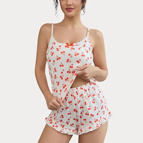Set Pigiama Donna Sexy con Stampa a Ciliegie Canotta con Pizzo e Pantaloncini con Volant Top e Bottom Abbigliamento da Notte