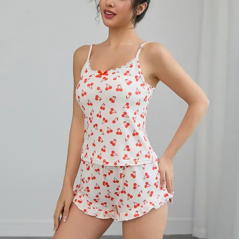 Set Pigiama Donna Sexy con Stampa a Ciliegie Canotta con Pizzo e Pantaloncini con Volant Top e Bottom Abbigliamento da Notte