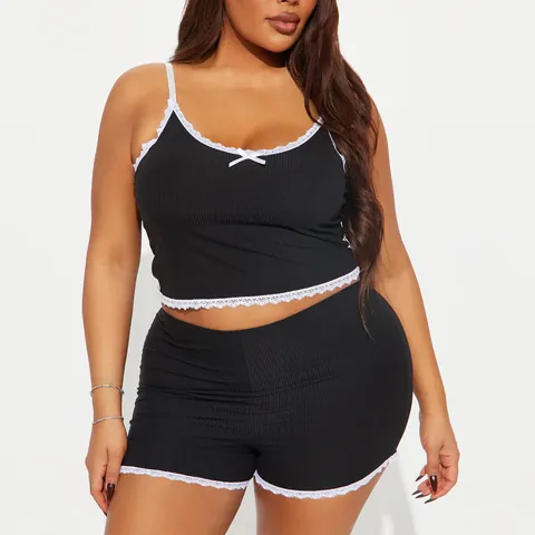 Women Sexy Lace Trim Ribbed Pajama Set Polyester Elastane Camisole Top And Bottom Loungewear Summer Sleepwear Home Service
