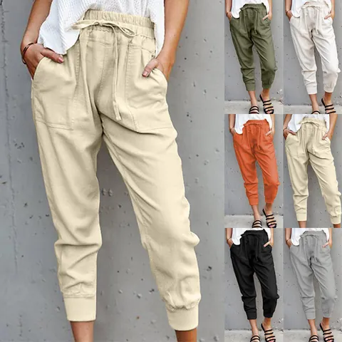 Damen Sommer Leinenoptik Polyester Freizeithose Kordelzug Elastische Taille Schlankheits Kurzhose Taschen Unten