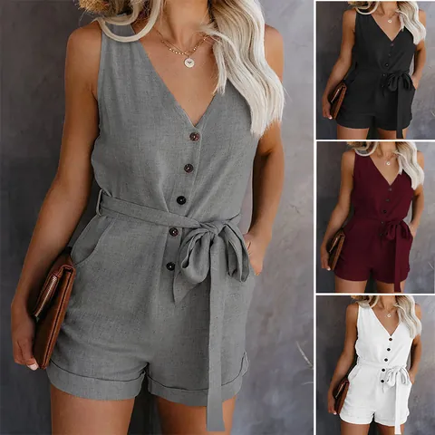 Women Casual V Neck Romper Sleeveless Button Up Jumpsuit With Bow Tie Waist Solid Color Polyester Summer One Piece Short Playsuit