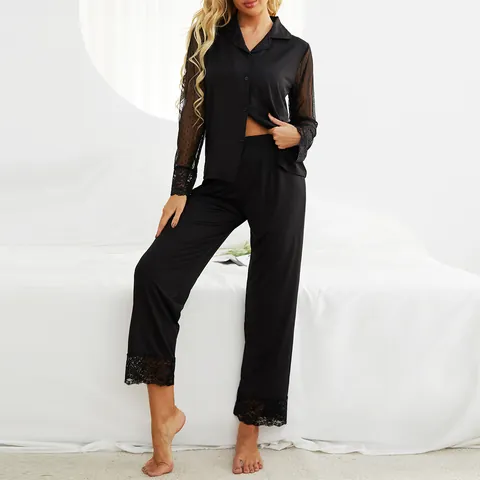 Pyjama en Modal Européen pour Femmes Haut et Bas Manches Longues Patchwork en Résille Bordure en Dentelle Ensemble