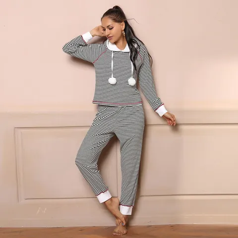 Women's Casual Striped Pajama Set Autumn Winter Long Sleeve Hooded Top And Bottom Comfortable Polyester Home Wear