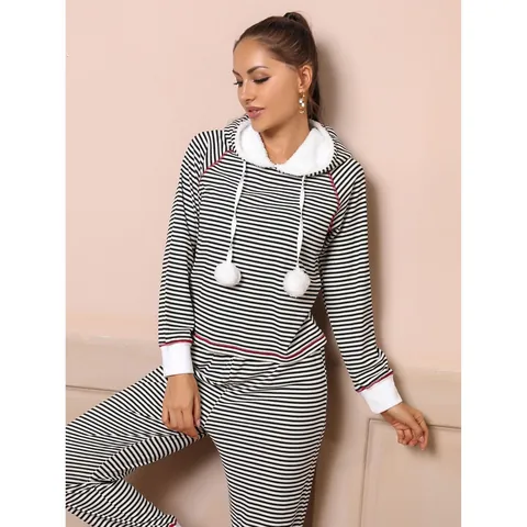 Women's Casual Striped Pajama Set Autumn Winter Long Sleeve Hooded Top And Bottom Comfortable Polyester Home Wear