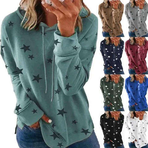 Damen Casual Lockerer Hoodie Sterne Druck Langarm Kordelzug Pullover Sweatshirt Für Herbst Winter Alltag Top