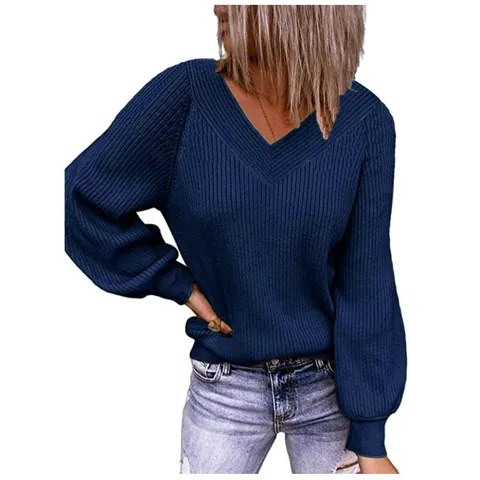 Women Plus Size Loose Knit Sweater V-Neck Solid Color Pullover Lantern Sleeve Casual Ribbed Polyester Jumper Top