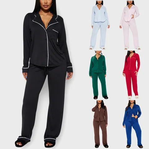 Women Pajama Set Long Sleeve Shirt And Pants Two Piece Nightwear With Contrast Piping Soft Homewear Sleepwear For Autumn Winter