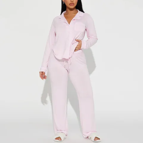 Women Pajama Set Long Sleeve Shirt And Pants Two Piece Nightwear With Contrast Piping Soft Homewear Sleepwear For Autumn Winter