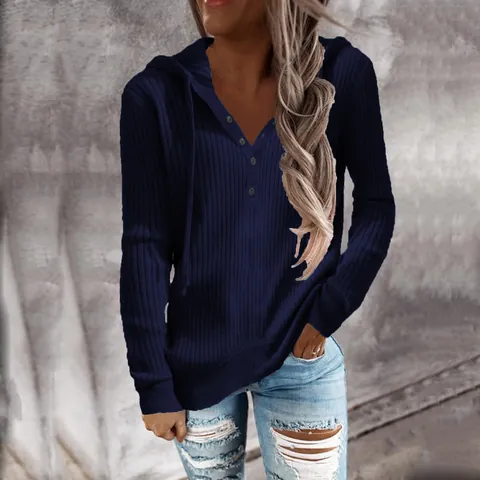 Jersey de Punto Informal para Mujer con Capucha a Rayas Escote en V Manga Larga Sudadera Top Holgado con Botones para Otoño Invierno