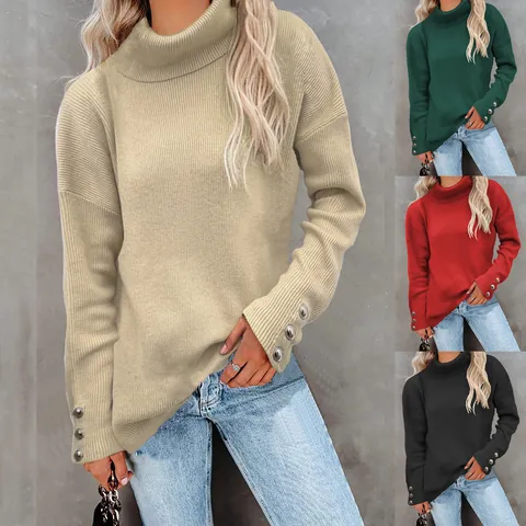 Suéter Casual de Cuello Alto para Mujer Top de Punto Holgado Con Puños de Botones Otoño Invierno Suéter de Poliéster
