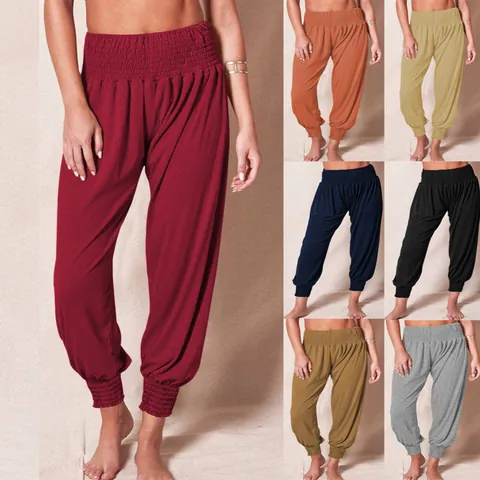 Pantaloni Harem da Donna a Vita Alta a Nido d'Ape Pantaloni Casual Larghi in Misto Cotone Poliestere Tinta Unita Joggers Yoga Spiaggia