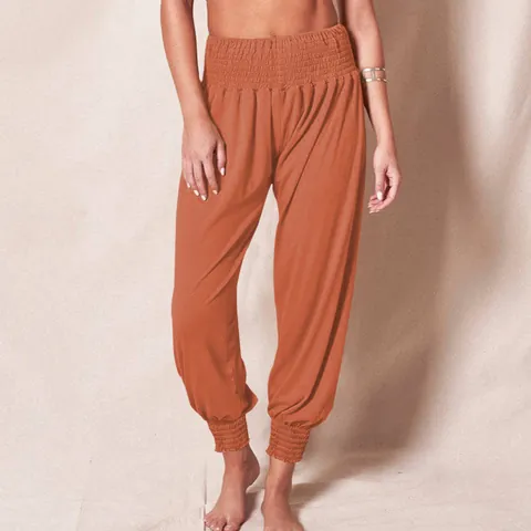 Pantaloni Harem da Donna a Vita Alta a Nido d'Ape Pantaloni Casual Larghi in Misto Cotone Poliestere Tinta Unita Joggers Yoga Spiaggia