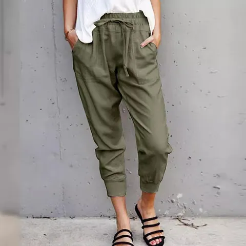 Damen Sommer Leinenoptik Polyester Freizeithose Kordelzug Elastische Taille Schlankheits Kurzhose Taschen Unten