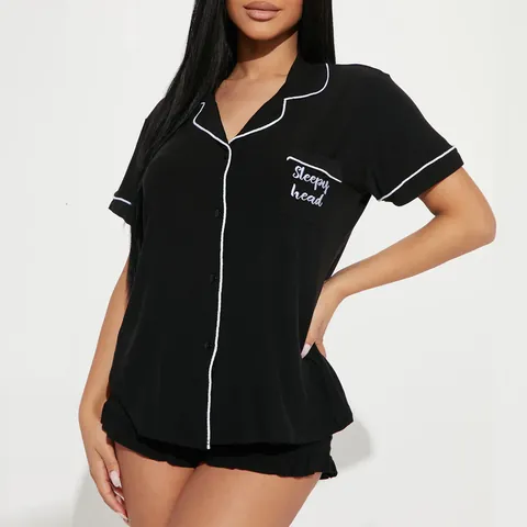 Dames Casual Pyjamaset Contrast Biezen Revers Korte Mouw Top En Shorts Tweeledige Nachtkleding Met Borduurwerk