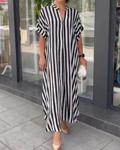 Women Casual Striped Maxi Dress V Neck Short Sleeve Side Slit Loose Tunic Dress European American Fashion Summer Vestidos