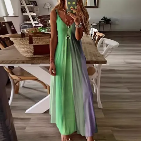 Women's Summer Maxi Dress Casual V-Neck Sleeveless Gradient Colorful Stripe Print Spaghetti Strap Bodycon Long Sundress