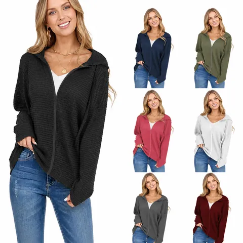 Women's Casual Waffle Knit Zip-Up Hoodie Jacket Long Sleeve Drawstring Solid Color Hooded Outerwear Sweatshirt Top