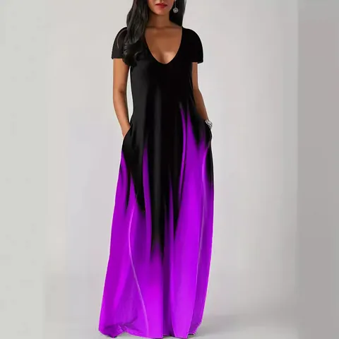 Damen Casual Polyester Elasthan Ombré Verlauf-Druck Kurzarm V-Ausschnitt Maxi-Kleid Mit Taschen Sommer Locker Weit Top