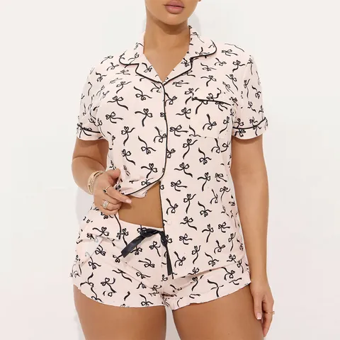 Women Summer Short Sleeve Pajama Set Casual Printed Two-Piece Lounge Set Top And Bottom With Bow Heart Pattern Sleepwear