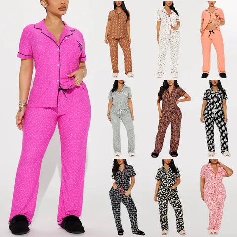 Women Top And Bottom Pajamas Set Printed Lapel Short Sleeve Long Pants Sleepwear Leopard Polka Dot Heart Nightwear Homewear