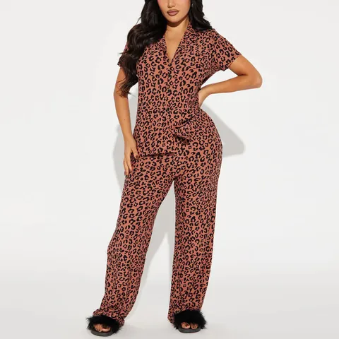Women Top And Bottom Pajamas Set Printed Lapel Short Sleeve Long Pants Sleepwear Leopard Polka Dot Heart Nightwear Homewear