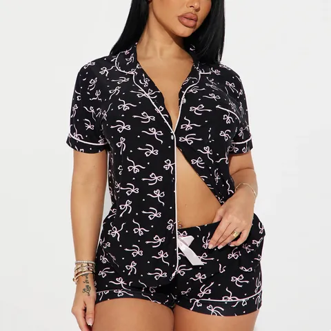 Women Casual Short Sleeve Pajama Top And Bottom Contrast Piping Lapel Button Down Nightwear Cherry Plaid Print Sleepwear